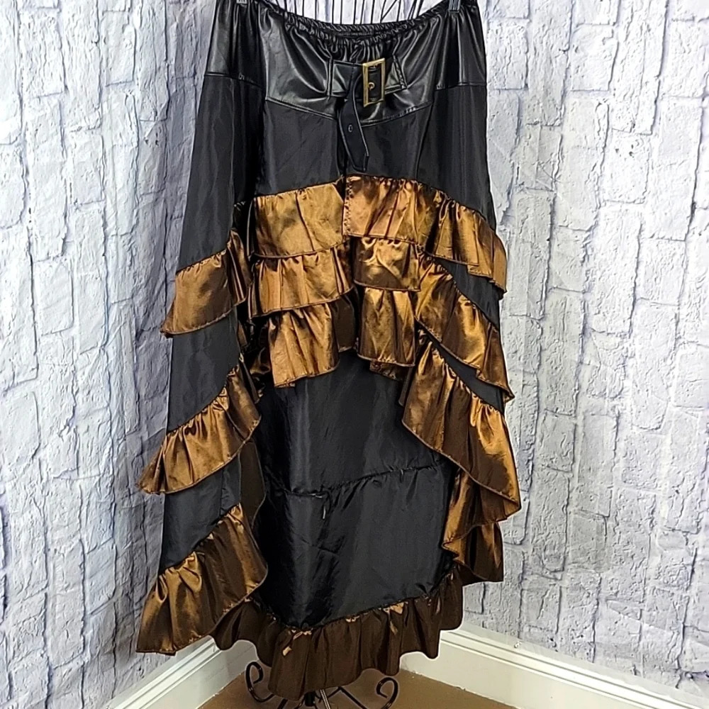 NO BRAND Ankle Length Black and Bronge Steampunk Ruffled Skirt - Picture 1 of 7